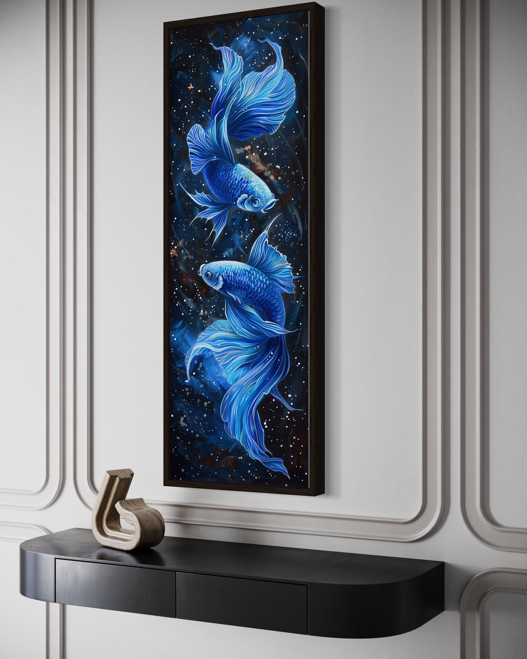Tall Narrow Blue Betta Fish On Black Vertical Wall Art "Sapphire Swirl" close up side view