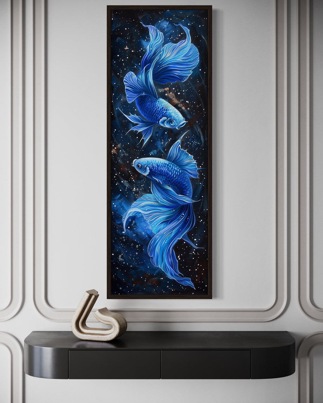 close up view of Tall Narrow Blue Betta Fish On Black Vertical Wall Art "Sapphire Swirl"