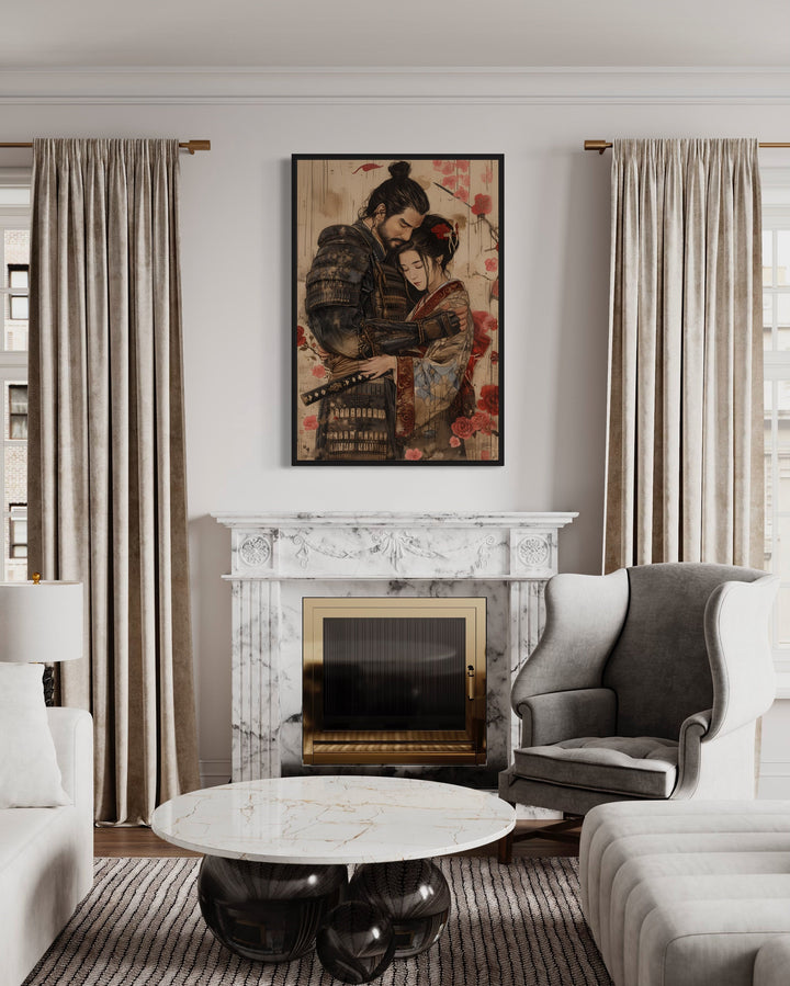 Ukiyo-e Style Japanese Samurai And Geisha Romanic Wall Art above fireplace