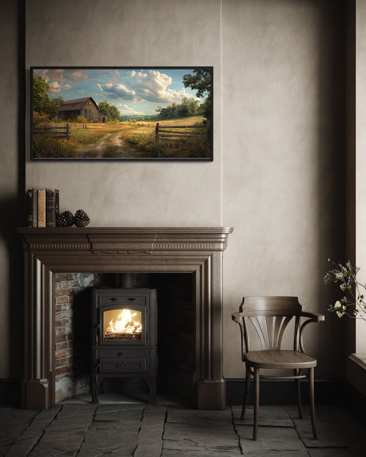 Old Barn In The Farm Landscape Framed Canvas Wall Art above fireplace