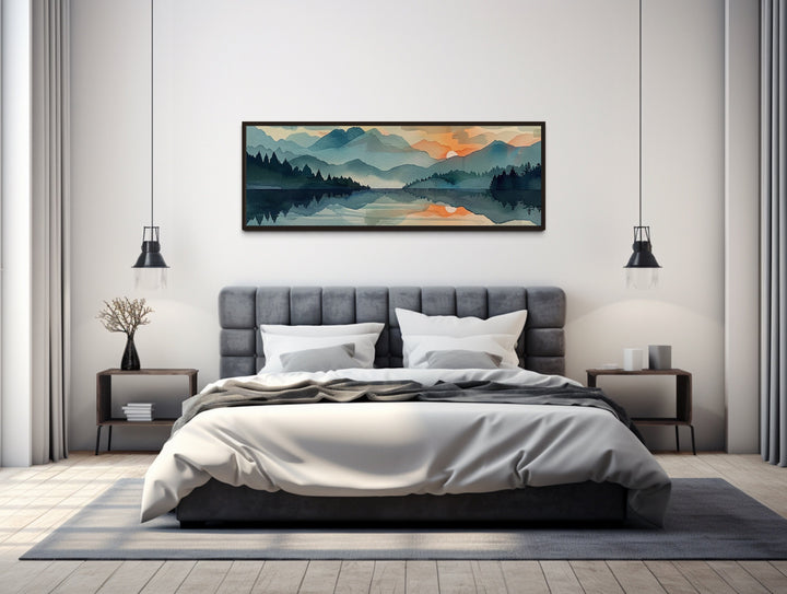 Long Horizontal Mountain Lake Sunset Landscape Watercolor Wall Art above bed