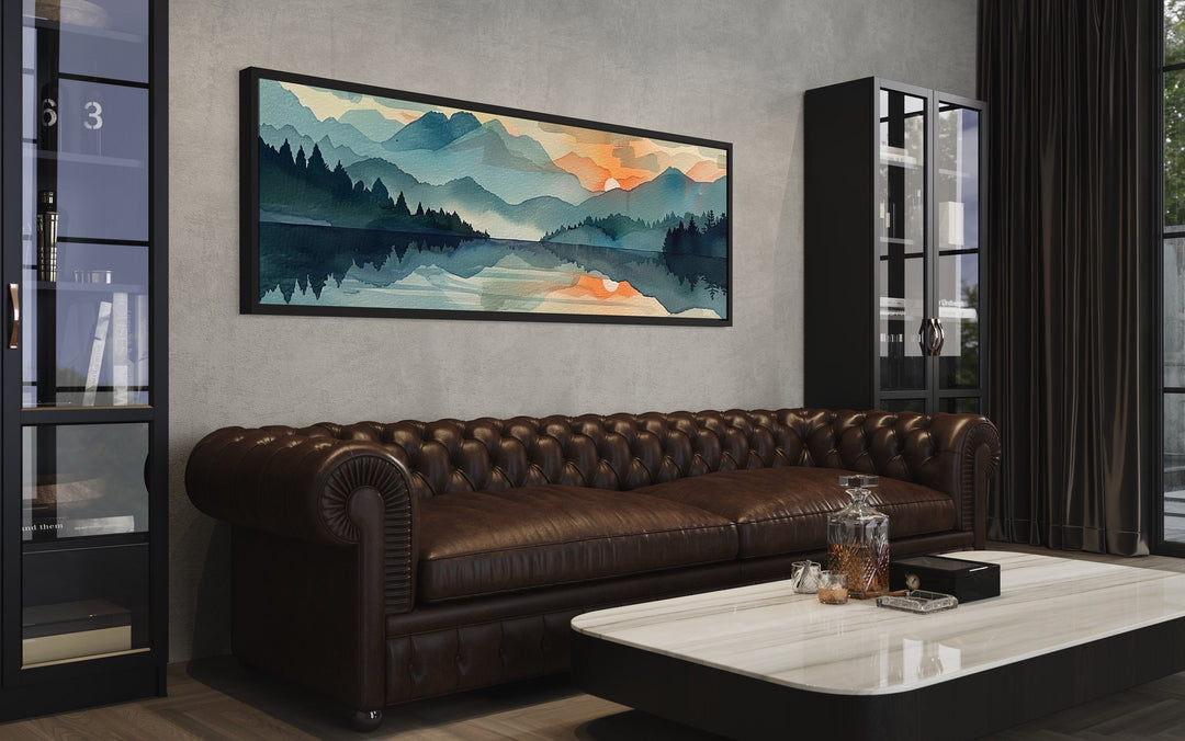 Long Horizontal Mountain Lake Sunset Landscape Watercolor Wall Art in living room