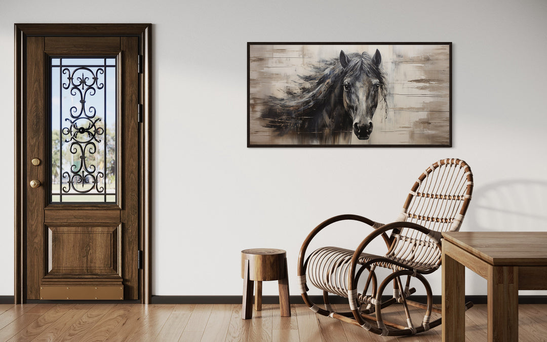Black Horse Rustic Painting On Wood Framed Canvas Wall Art in farmhouse