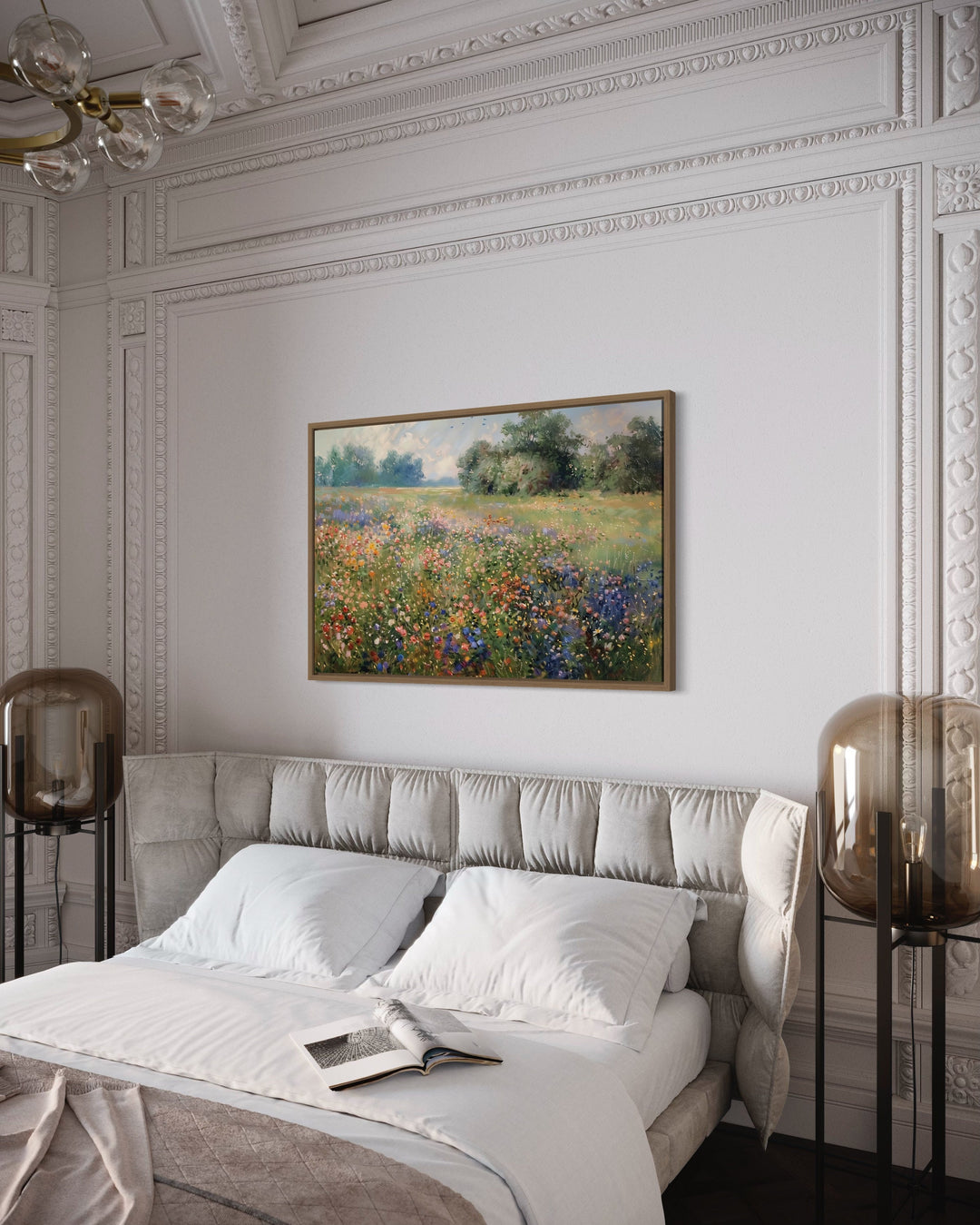 Antique Wildflowers Meadow Farmhouse Framed Canvas Wall Art above bed