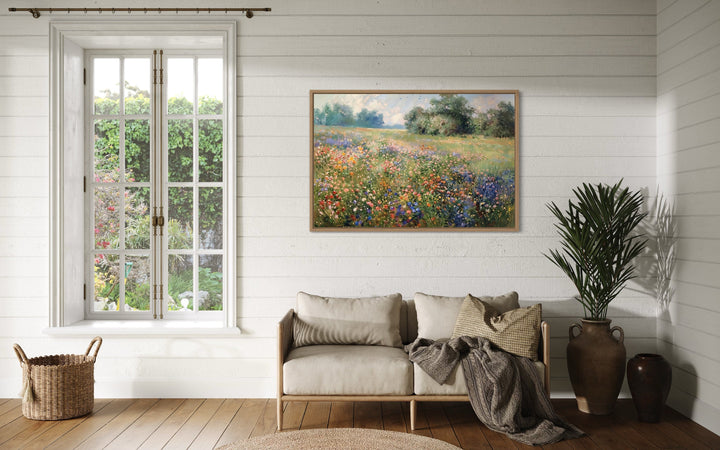 Antique Wildflowers Meadow Farmhouse Framed Canvas Wall Art in rustic home
