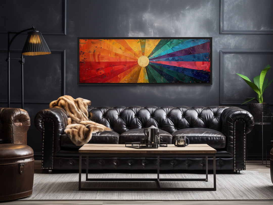 Mid Century Modern Sun Rays Panoramic Canvas Wall Art above black couch