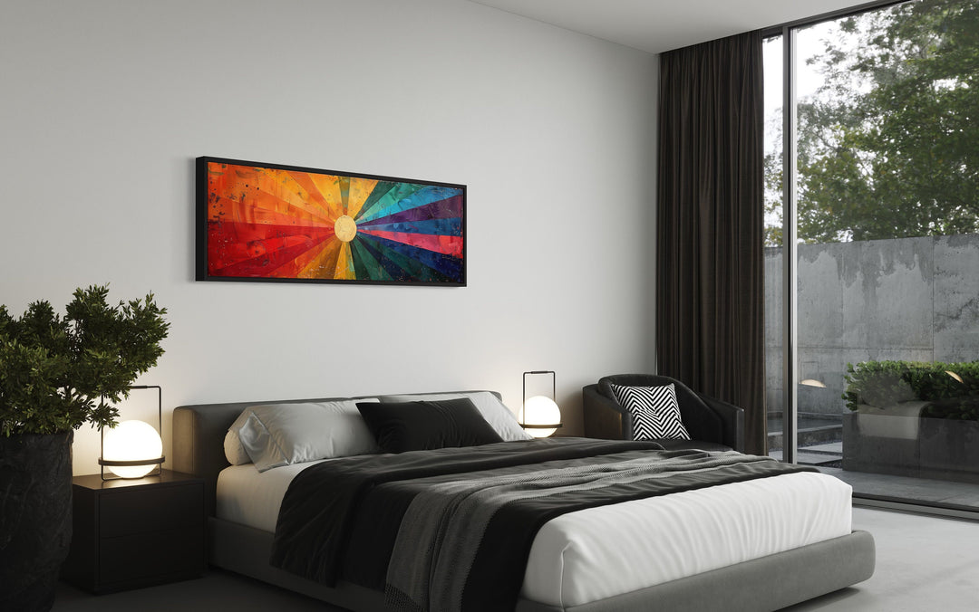 Mid Century Modern Sun Rays Panoramic Canvas Wall Art above bed