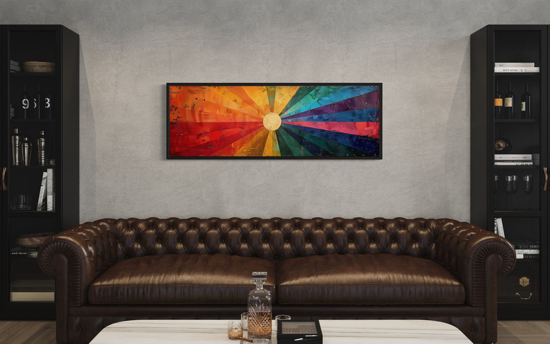 Mid Century Modern Sun Rays Panoramic Canvas Wall Art above brown couch