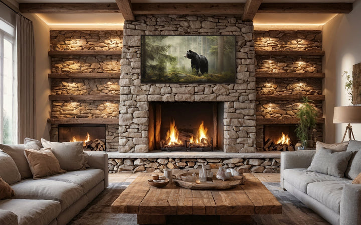 Black Bear In Fir Tree Forest Wall Art above mantel