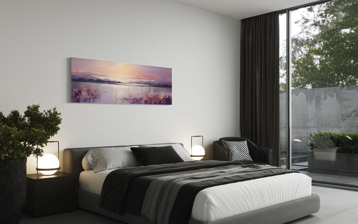 Purple Mountain Lake Sunset Painting long Horizontal Wall Art above bed