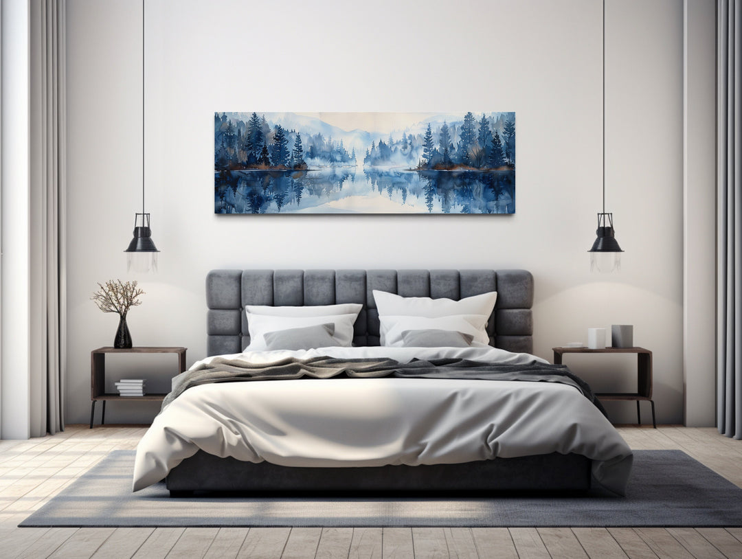 Navy Blue Lake Long Narrow Horizontal Landscape Above Bed Wall Decor