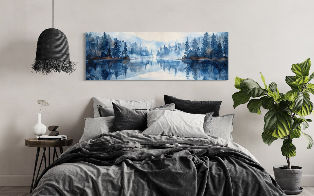 Navy Blue Lake Long Narrow Horizontal Landscape Above Bed Wall Decor