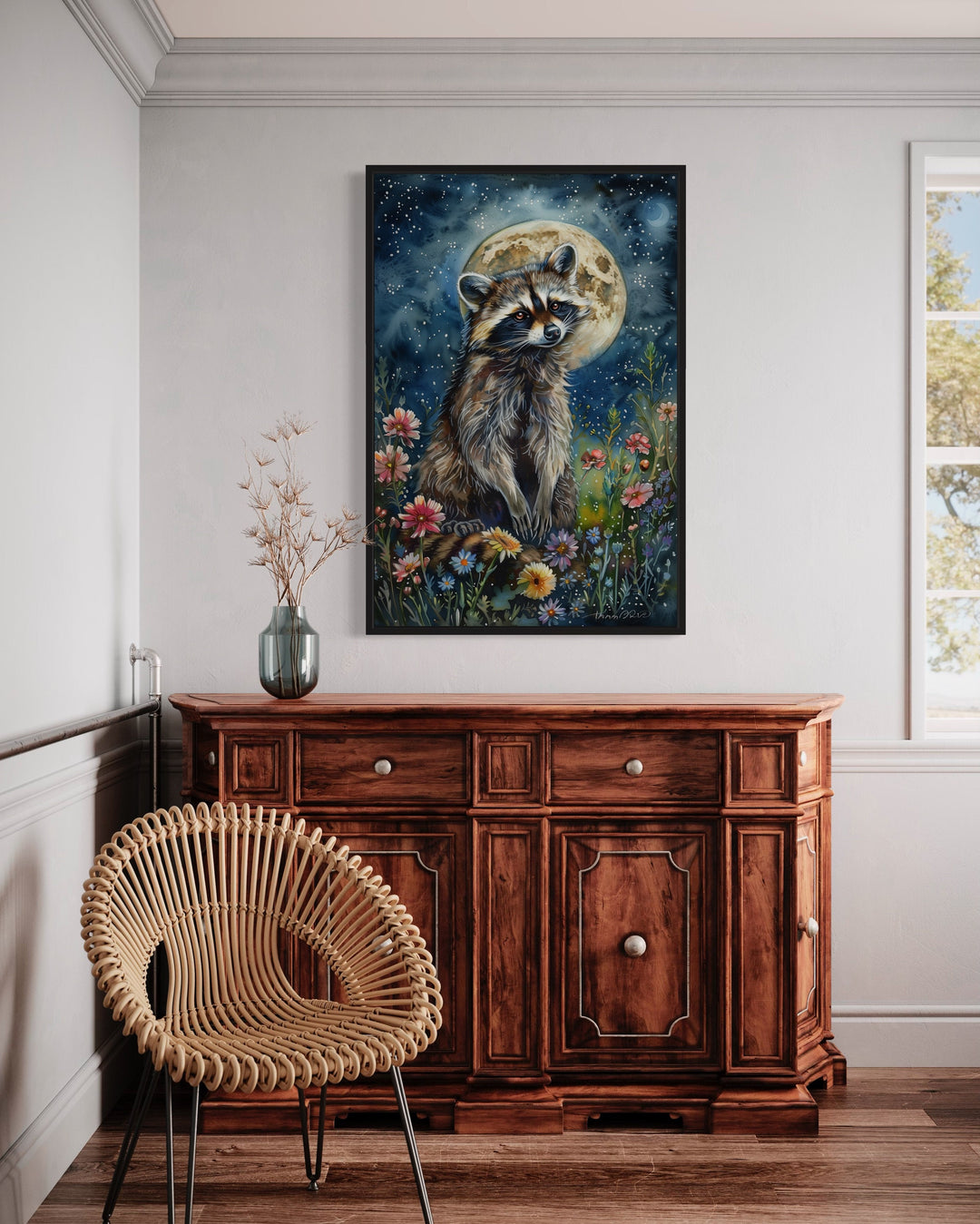 Raccoon in The Meadow At Night Under Moon Framed Canvas Wall Art in bedroom