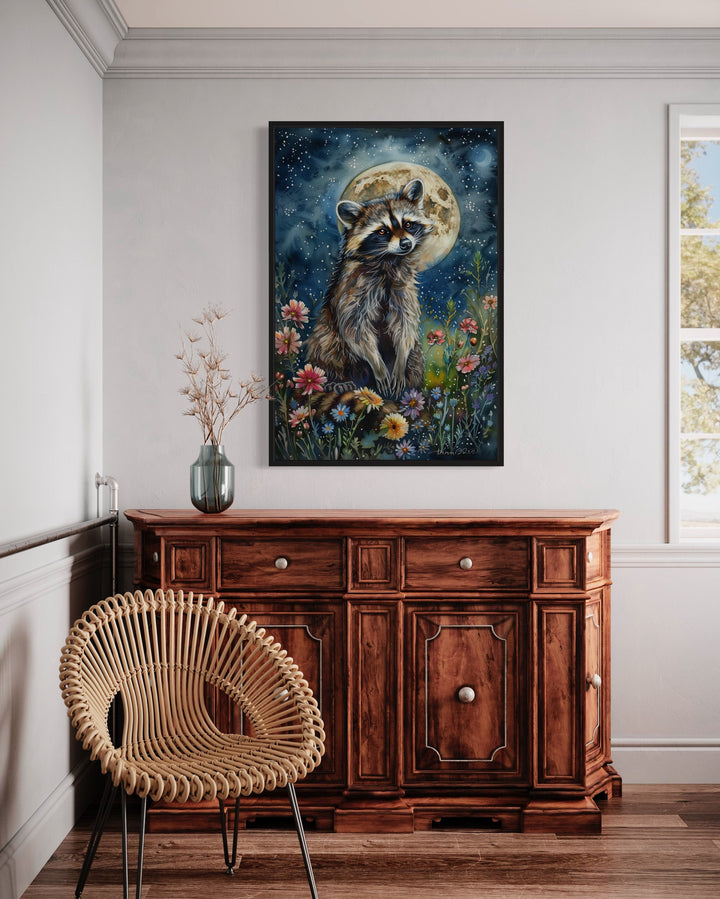 Raccoon in The Meadow At Night Under Moon Framed Canvas Wall Art in bedroom