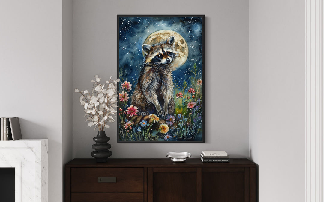 Raccoon in The Meadow At Night Under Moon Framed Canvas Wall Art on the wall