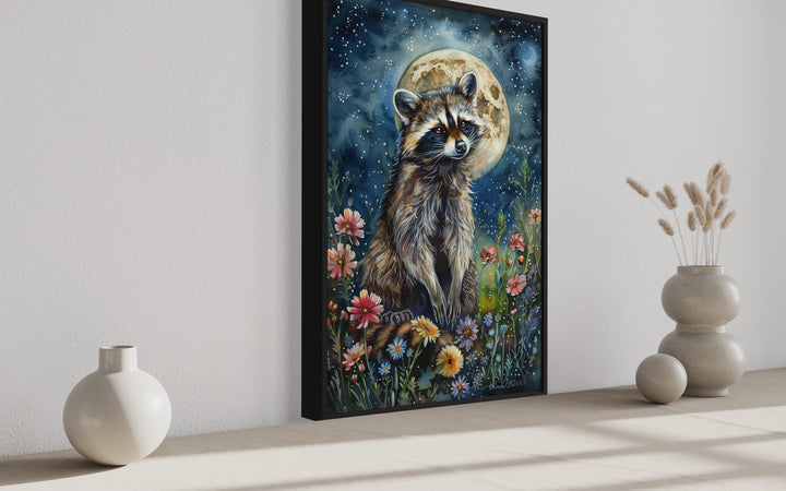 Raccoon in The Meadow At Night Under Moon Framed Canvas Wall Art side view