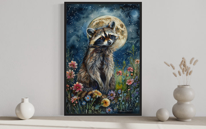 Raccoon in The Meadow At Night Under Moon Framed Canvas Wall Art