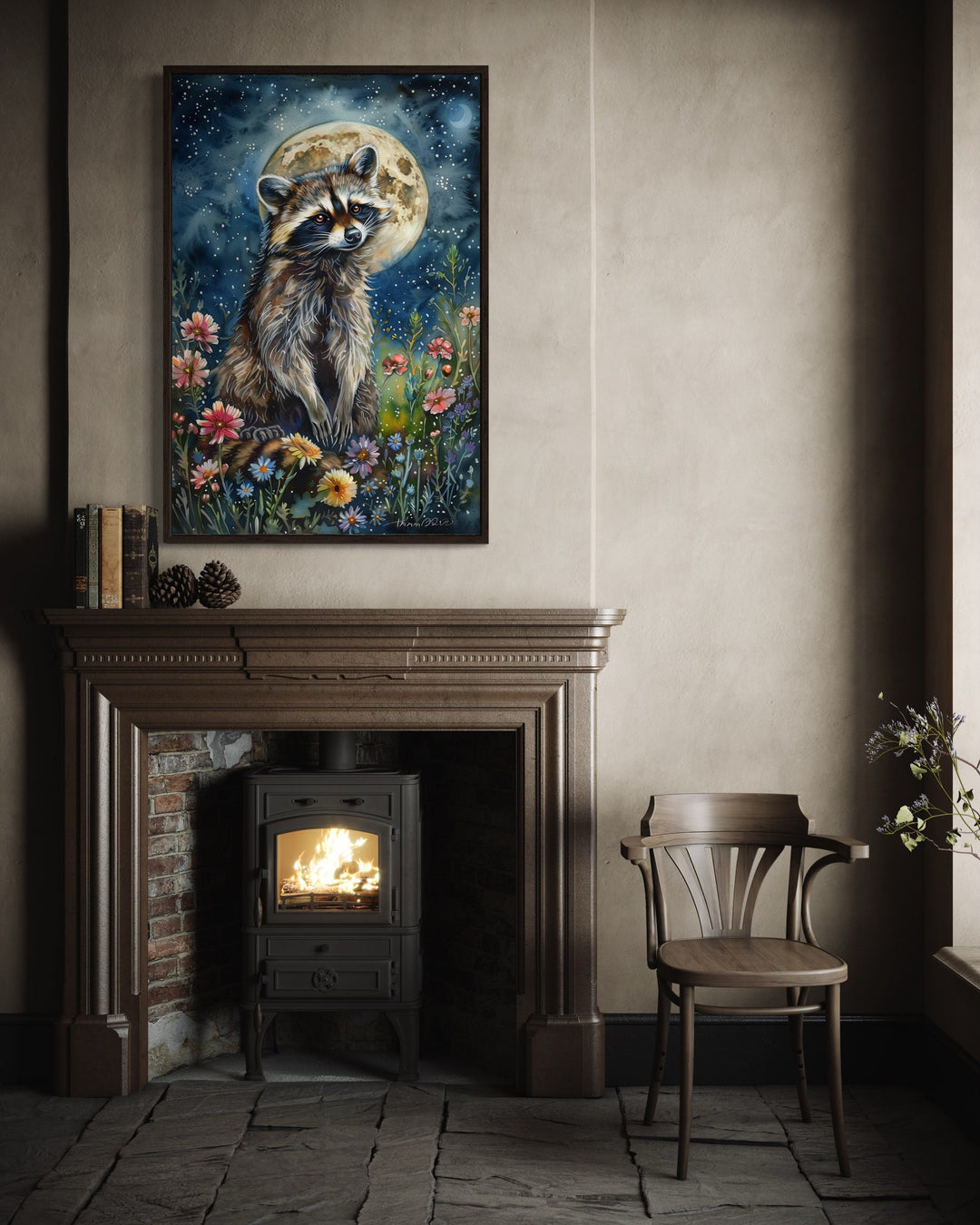 Raccoon in The Meadow At Night Under Moon Framed Canvas Wall Art above fireplace