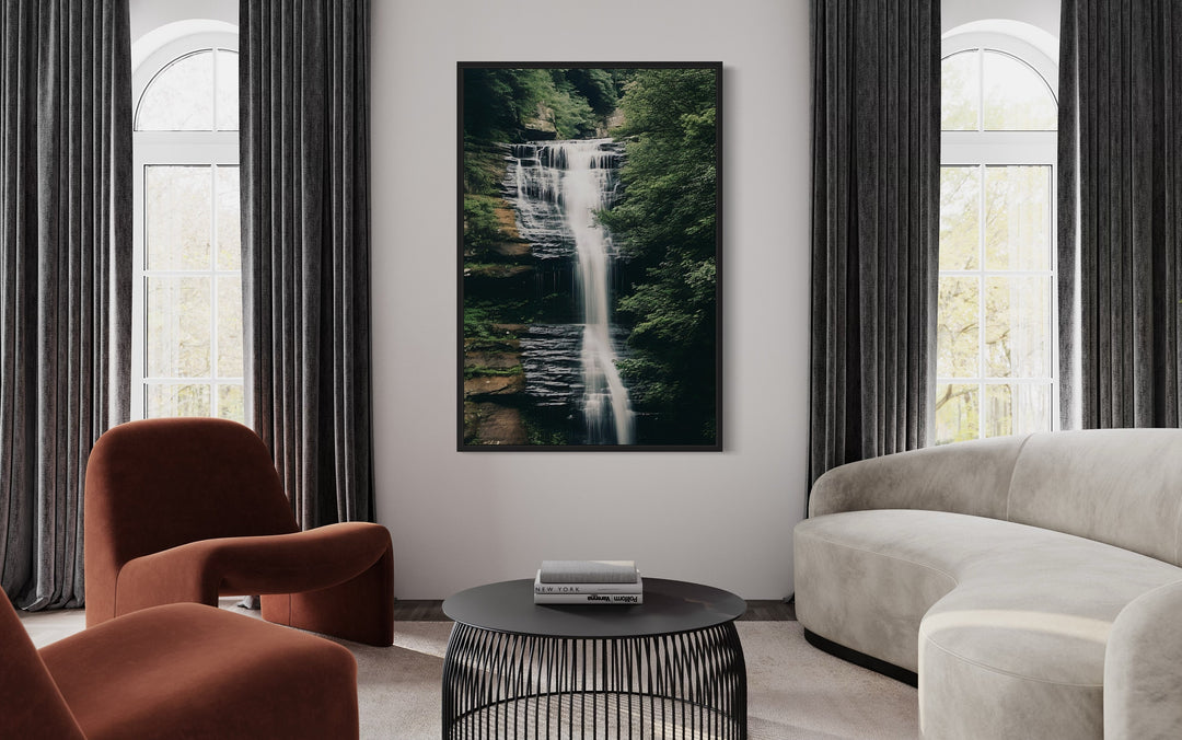 Sage Green Forest Waterfall Nature Landscape Wall Art in living room