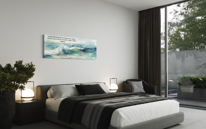 Scripture Wall Art Mightier Than The Waves Horizontal Canvas above black bed