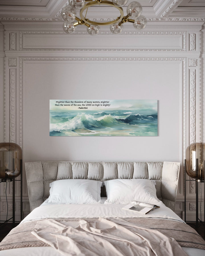 Scripture Wall Art Mightier Than The Waves Horizontal Canvas above white bed