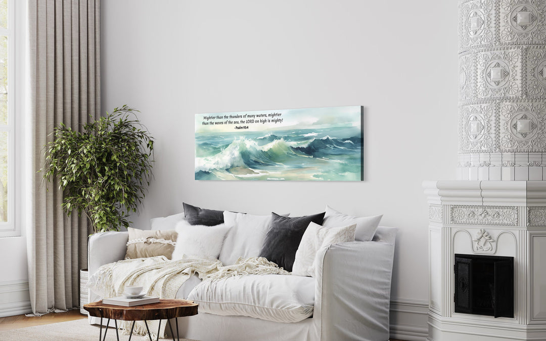 Scripture Wall Art Mightier Than The Waves Horizontal Canvas above white couch