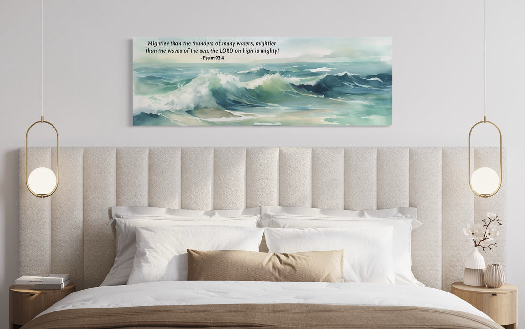 Scripture Wall Art Mightier Than The Waves above bed