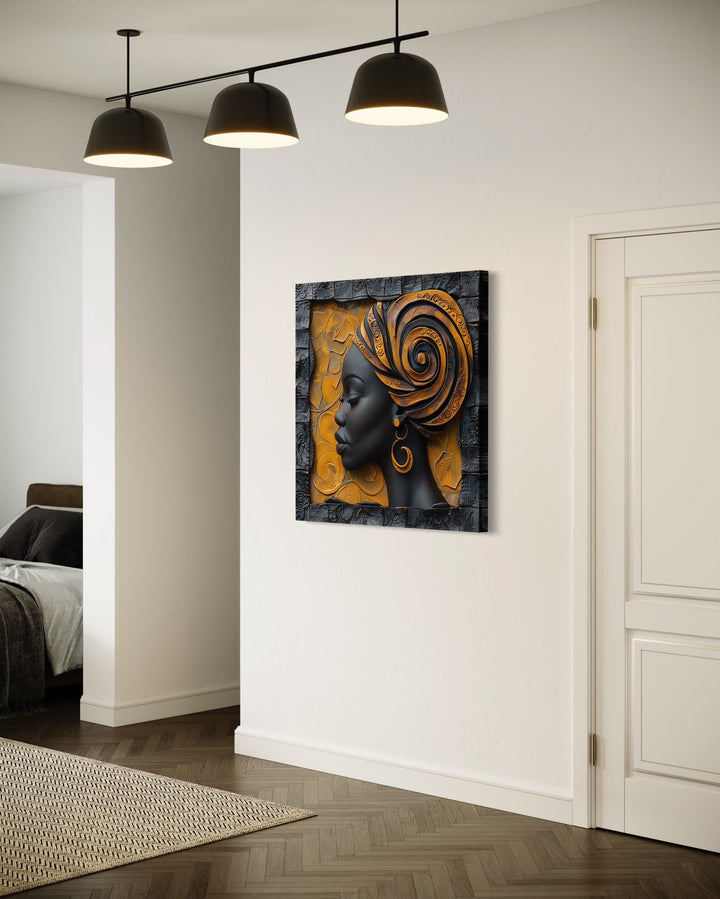 African American Woman In Turban Modern Framed Canvas Wall Art in living room