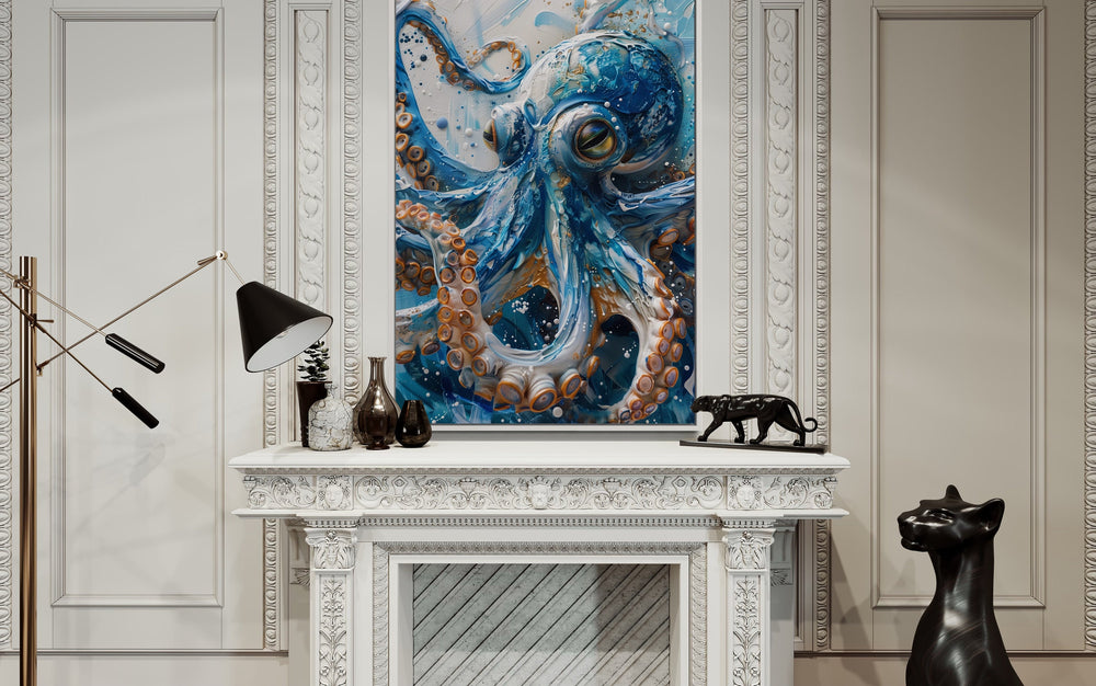 Blue Octopus Canvas Wall Art above fireplace