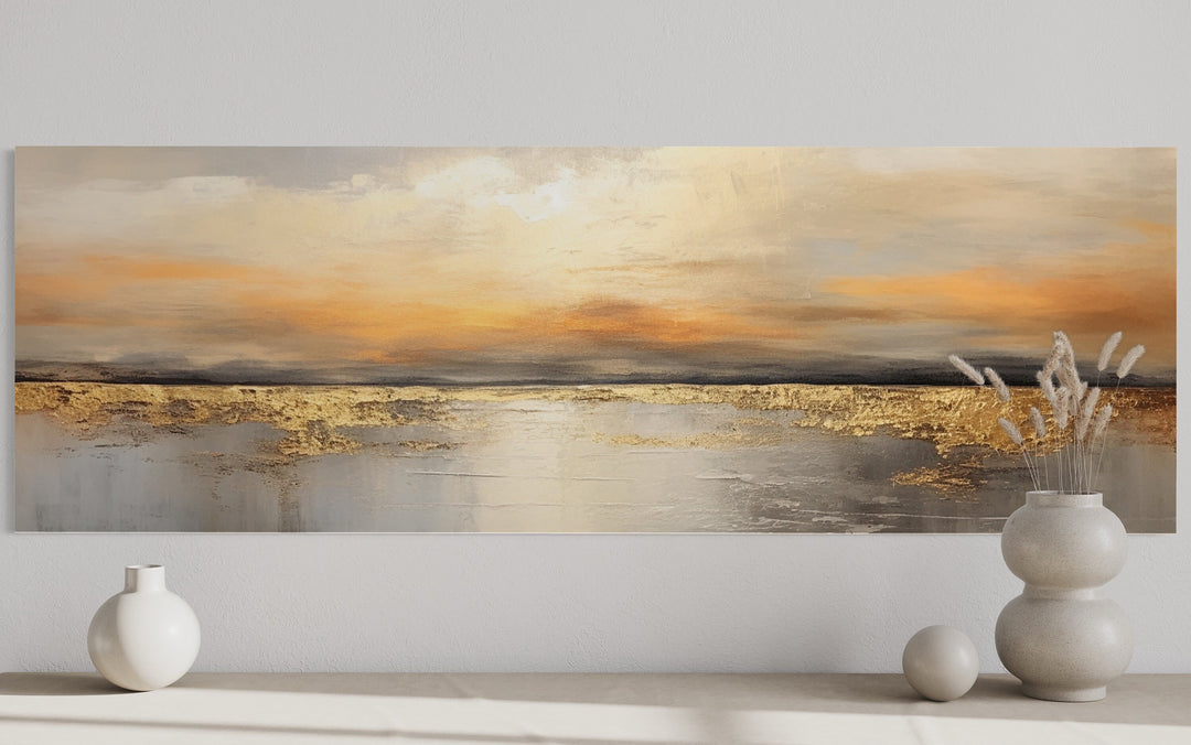 Gold And Silver Ocean Sunset Long Horizontal Above Couch Wall Art close up