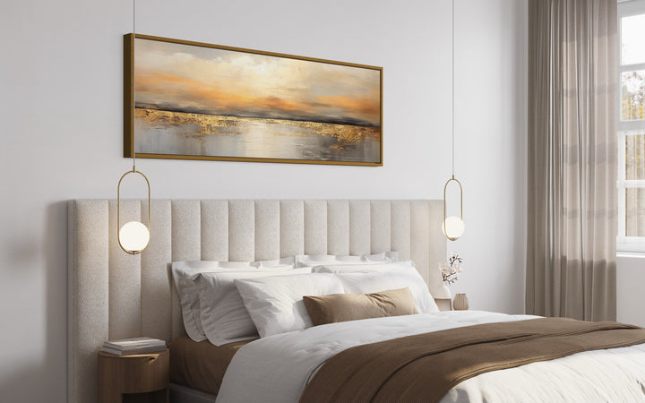 Gold And Silver Ocean Sunset Long Horizontal Above Couch Wall Art above bed