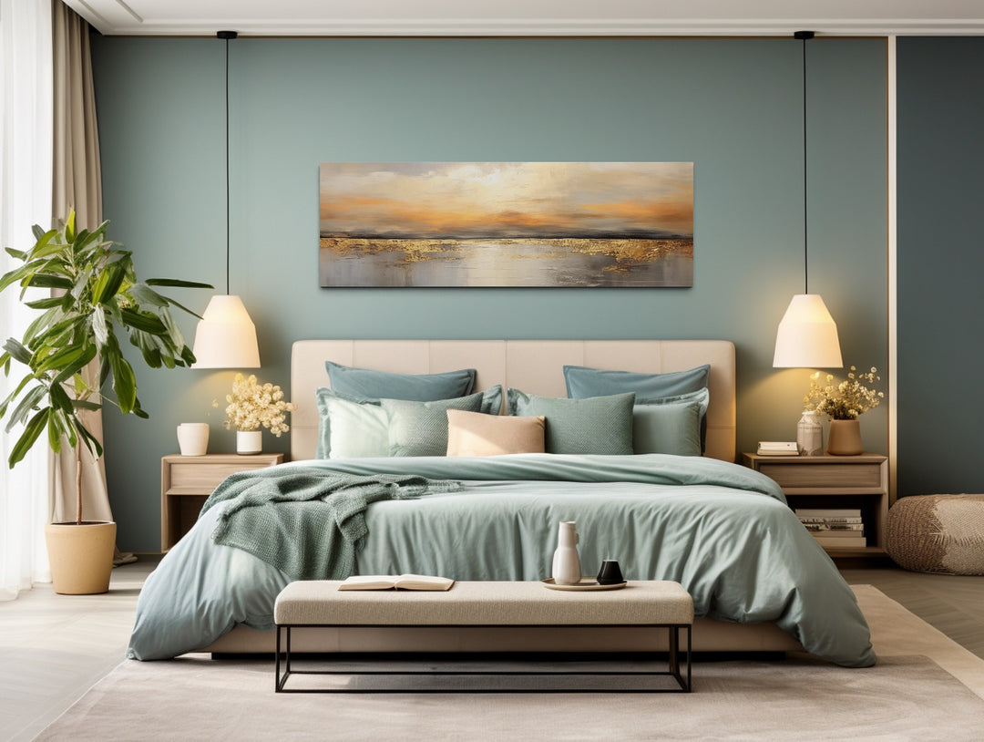 Gold And Silver Ocean Sunset Long Horizontal Above Couch Wall Art above bed