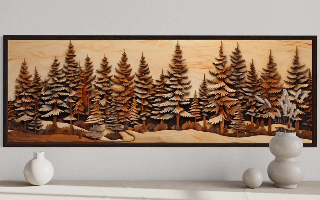 Pine Forest Wood Mosaic Painting Long Horizontal Cabin Wall Art close up