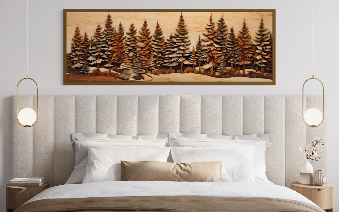 Pine Forest Wood Mosaic Painting Long Horizontal Cabin Wall Art above bed