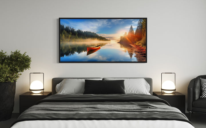 Lake With Red Canoe at Sunrise Framed Canvas Wall Art