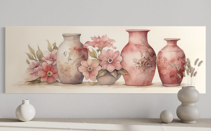 Blush Pink Sage Green Long Horizontal Floral Vases Framed Canvas Wall Art close up