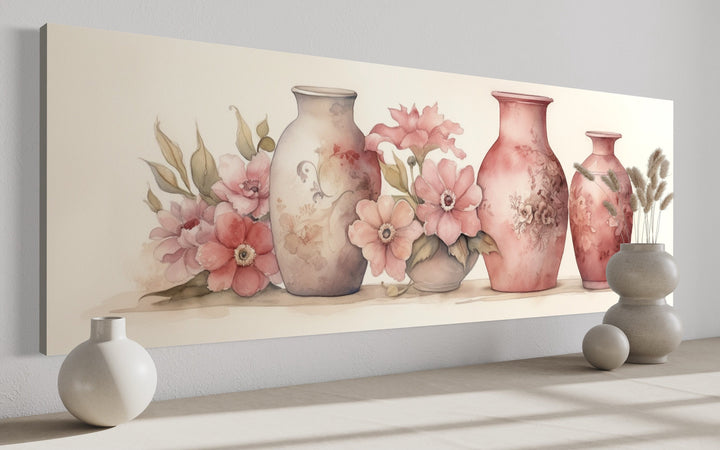 Blush Pink Sage Green Long Horizontal Floral Vases Framed Canvas Wall Art side view