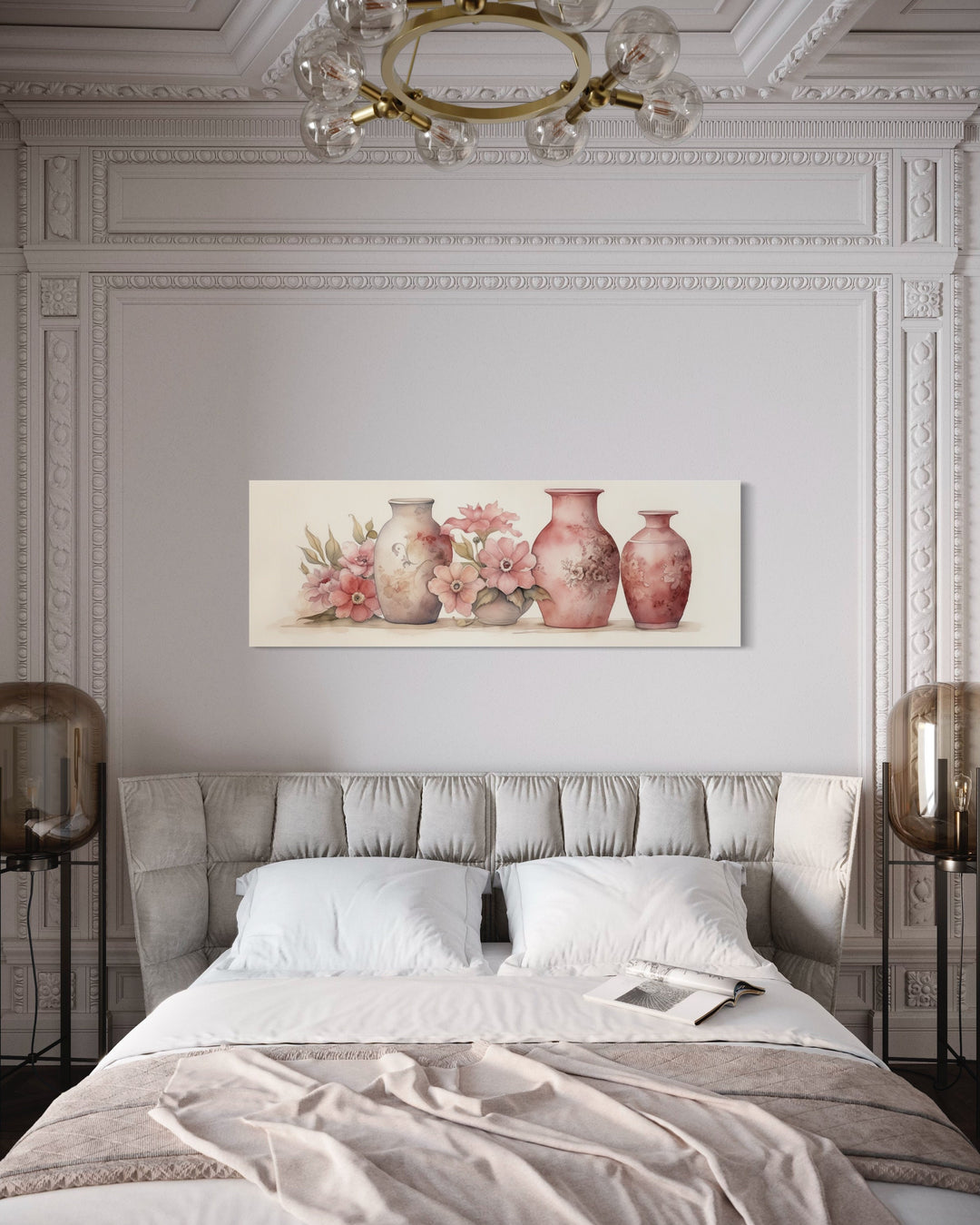 Blush Pink Sage Green Long Horizontal Floral Vases Framed Canvas Wall Art above bed