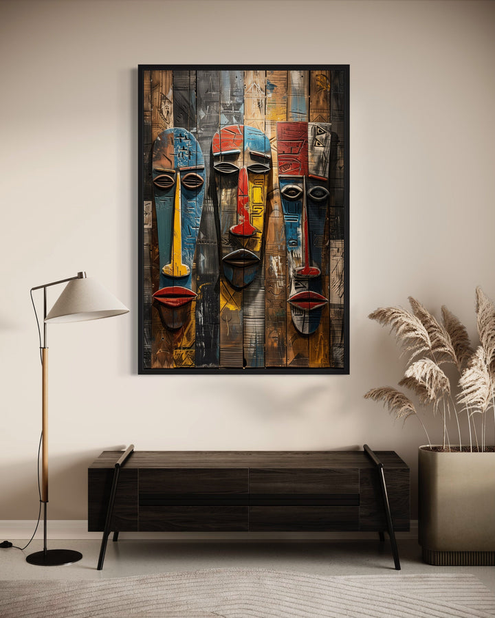 African Tribal Masks Painting Modern Framed Canvas Wall Art in the hall