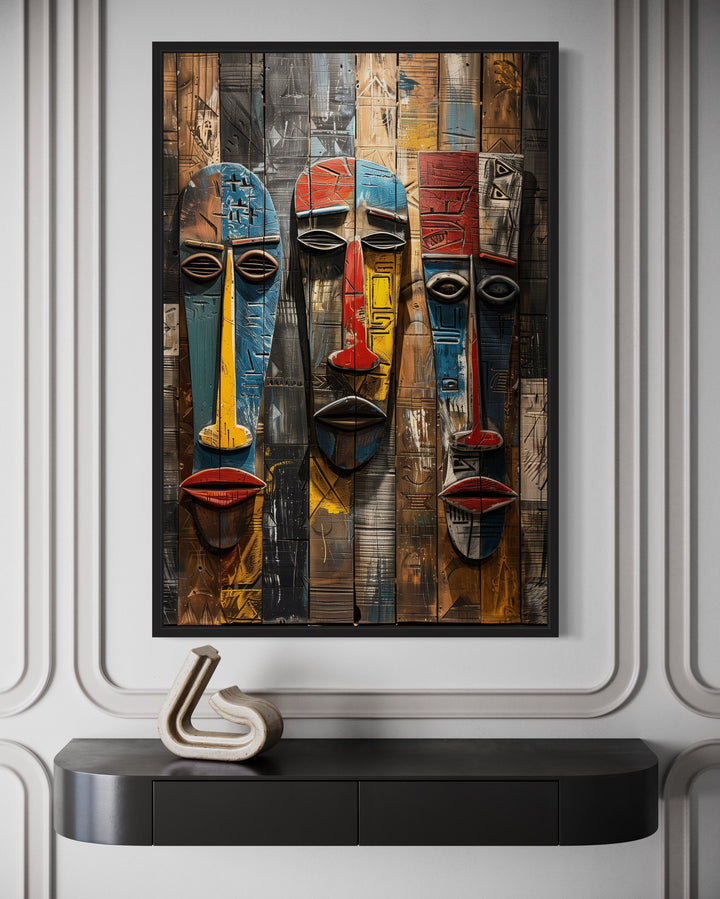 African Tribal Masks Painting Modern Framed Canvas Wall Art close up