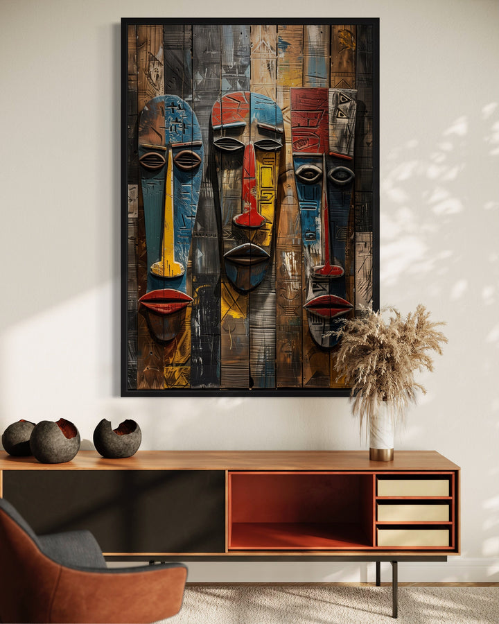 African Tribal Masks Painting Modern Framed Canvas Wall Art in the hall
