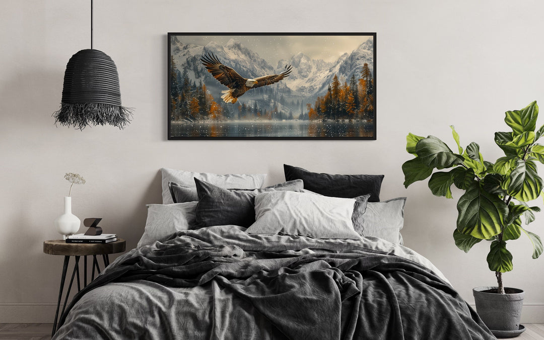 Bald Eagle Flying Over Snowy Mountain Lake Framed Canvas Wall Art