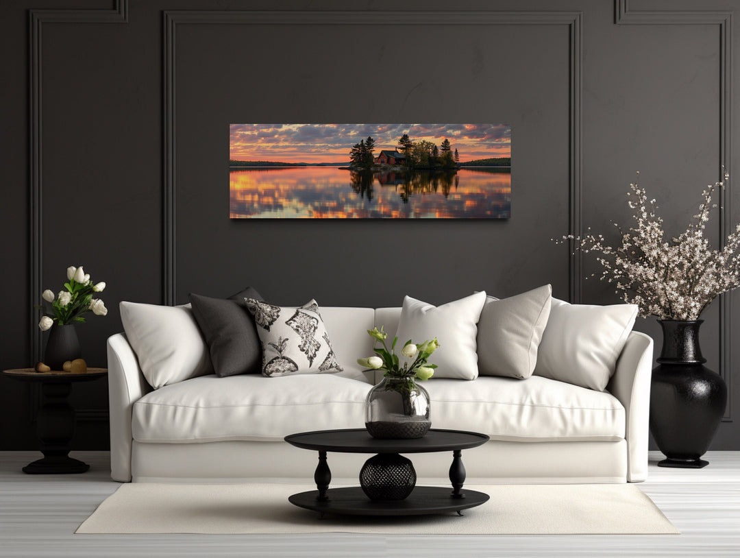 Cabin in The Lake Landscape At Sunset Long Horizontal Framed Canvas Wall Art