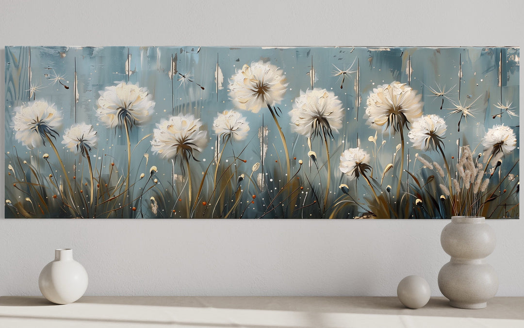 Dandelions Painting On Distressed Wood Horizontal Farmhouse Wall Art close up