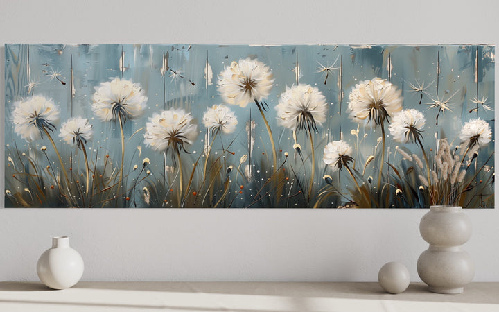 Dandelions Painting On Distressed Wood Horizontal Farmhouse Wall Art close up