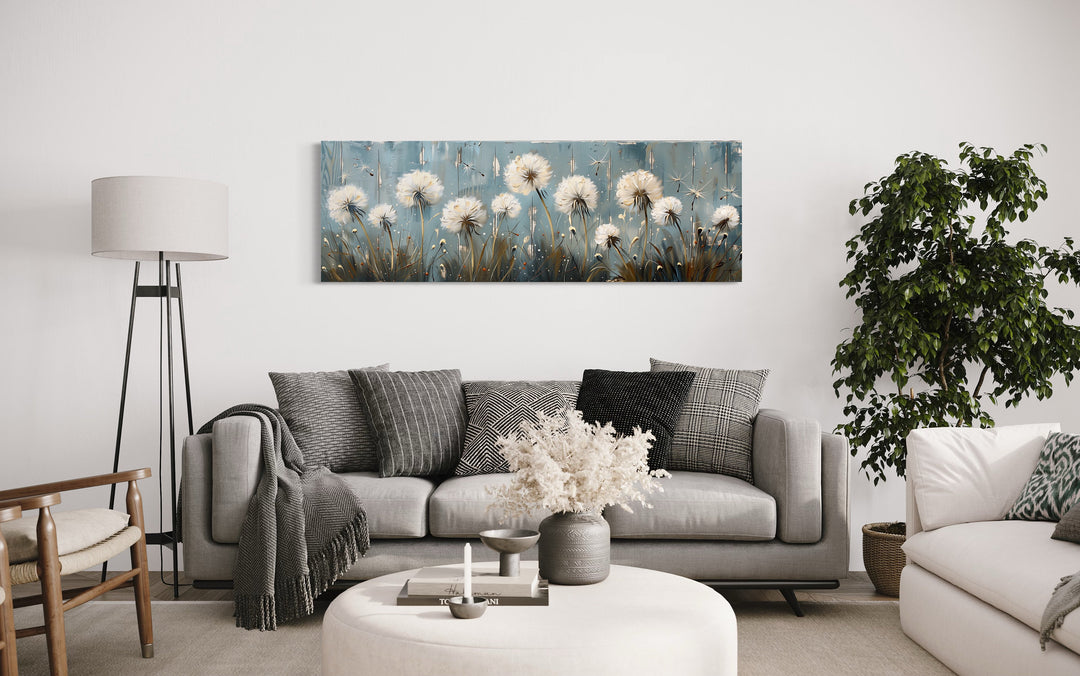 Dandelions Painting On Distressed Wood Horizontal Farmhouse Wall Art above couch