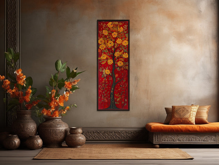 Vertical Narrow Indian Framed Canvas Wall Art Abstract Tree Painting