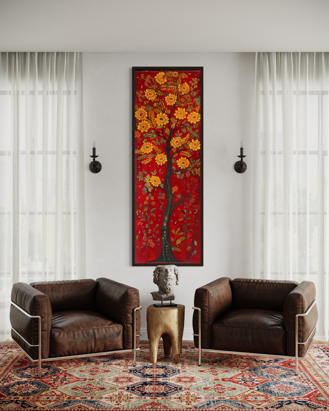 Vertical Narrow Indian Wall Art Abstract Tree Painting in modern room