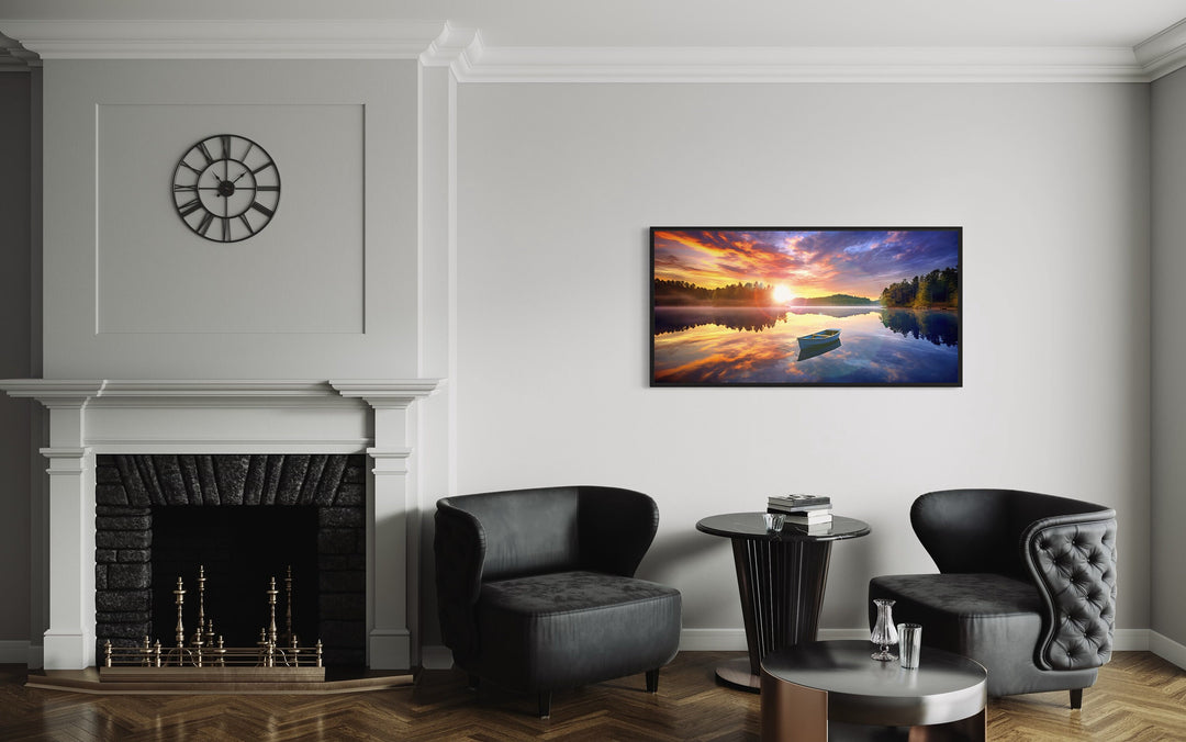 Lake With Boat at Sunrise Framed Canvas Wall Art in living room