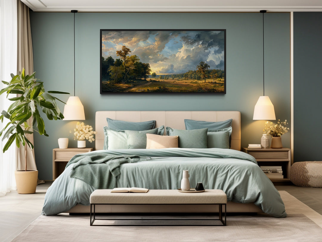 Moody Antique Style Landscape Painting Framed Canvas Wall Art above bed